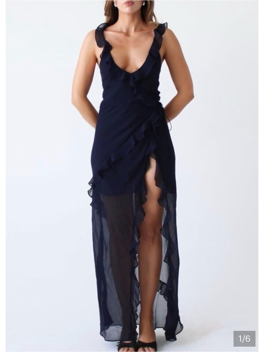 Rumored Just Like Heaven Navy Ruffle Maxi Dress